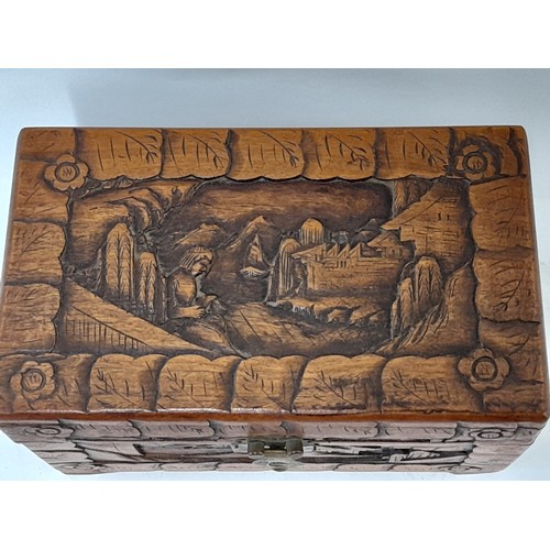 7 - Carved Wood Box with camphor wood lining, 25cm x 15cm x 14cm