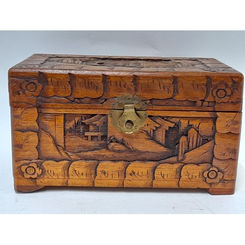 7 - Carved Wood Box with camphor wood lining, 25cm x 15cm x 14cm