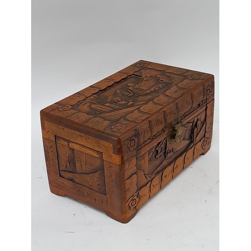 7 - Carved Wood Box with camphor wood lining, 25cm x 15cm x 14cm