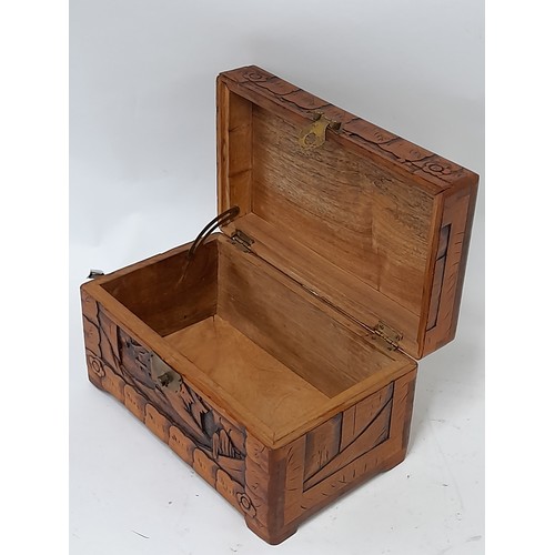 7 - Carved Wood Box with camphor wood lining, 25cm x 15cm x 14cm