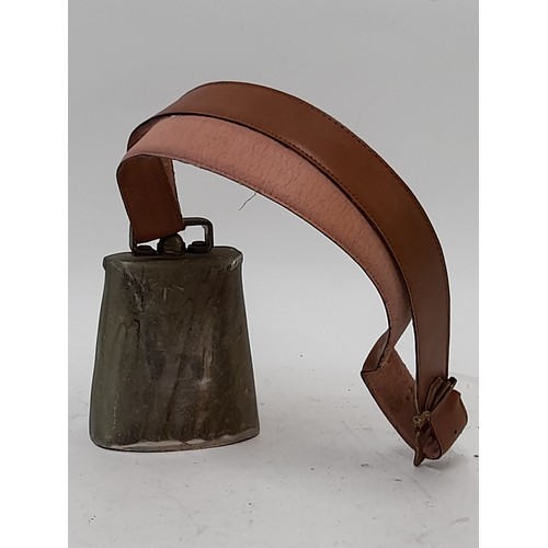 65 - Cow Bell with New Leather Collar, 13cm x 10cm x 7cm