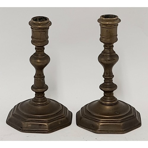 70 - A Pair of Heavy Antique Brass Candlesticks 16cm high