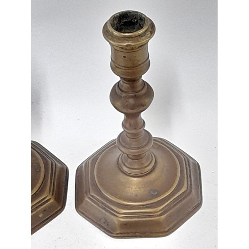 70 - A Pair of Heavy Antique Brass Candlesticks 16cm high