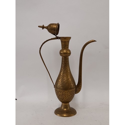 156 - Vintage Persian brass etched tea pot, 39cm high