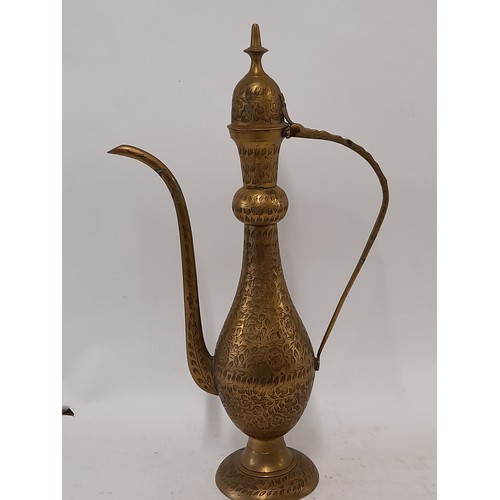 156 - Vintage Persian brass etched tea pot, 39cm high