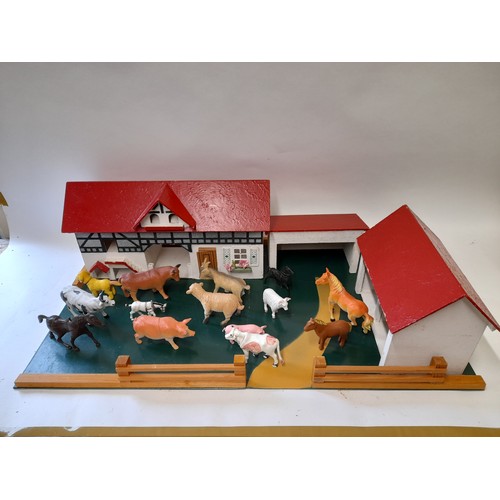 165 - Scratch Built Toy Farm with plastic animals, 82cm wide x 45cm deep x 24cm high