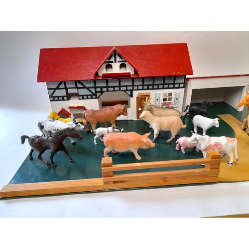 165 - Scratch Built Toy Farm with plastic animals, 82cm wide x 45cm deep x 24cm high