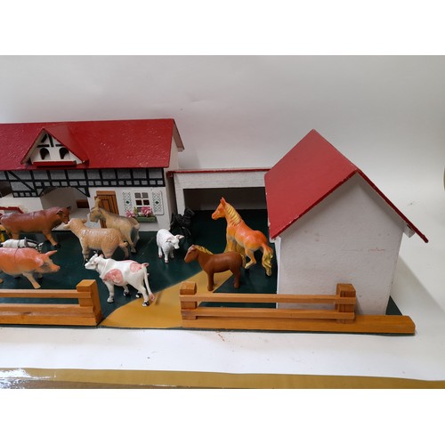 165 - Scratch Built Toy Farm with plastic animals, 82cm wide x 45cm deep x 24cm high