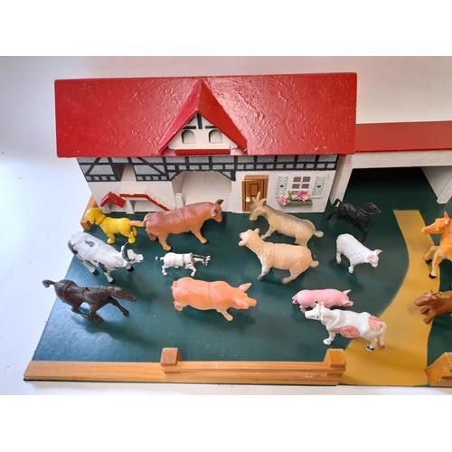 165 - Scratch Built Toy Farm with plastic animals, 82cm wide x 45cm deep x 24cm high