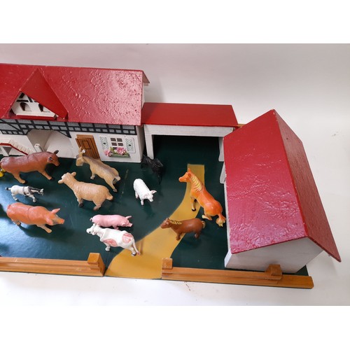 165 - Scratch Built Toy Farm with plastic animals, 82cm wide x 45cm deep x 24cm high