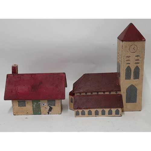 175 - Scratch Built wooden continental village buildings, Church 34cm high x 28cm long x 16cm wide.       ... 