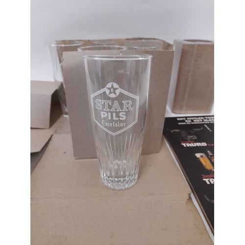 181 - 6 Star Pilsner Excelsior Glasses and a quantity of Beer Mats