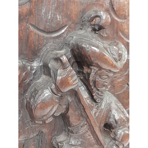 199 - Deep Carved wood Panel of a Huntsman and Dog, 37cm x 57cm