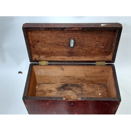 214 - 7 x items of Cranberry Glass (some with damage) contained in a wooden box, 34cm x 16cm x 17cm