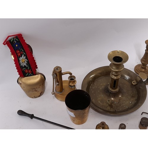 220 - A quantity of Brass Items to Include Candle stick, candle snuffers, Beakers,      (17)