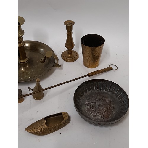 220 - A quantity of Brass Items to Include Candle stick, candle snuffers, Beakers,      (17)