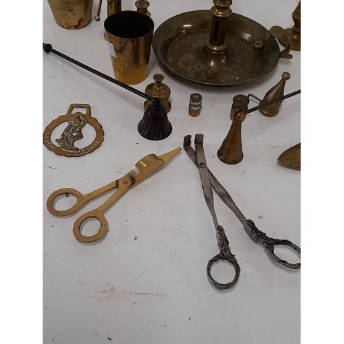 220 - A quantity of Brass Items to Include Candle stick, candle snuffers, Beakers,      (17)