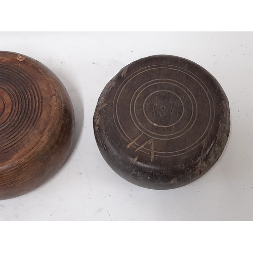 223 - 3 x Antique Turned wood Continental Bowls one possible Lignum Vitae , largest 19cm x 9cm