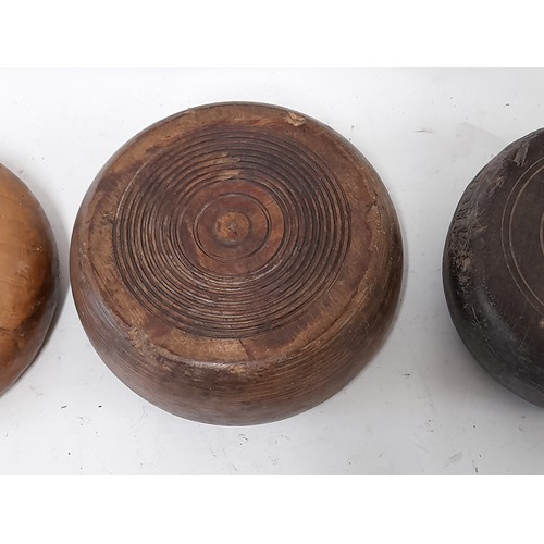 223 - 3 x Antique Turned wood Continental Bowls one possible Lignum Vitae , largest 19cm x 9cm