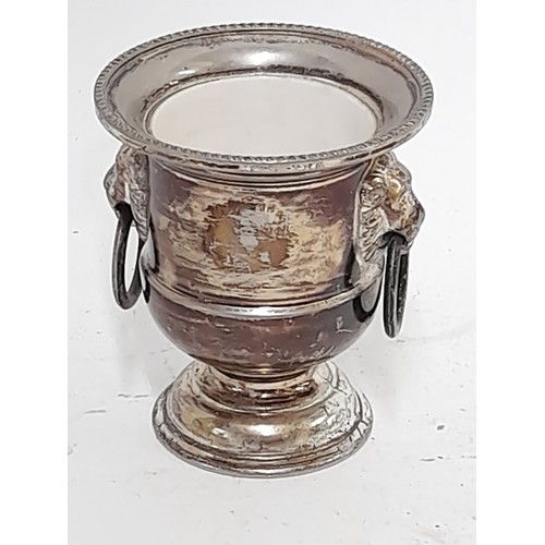 135 - Silver plate urn salt with lion head handles, 7.5cm high