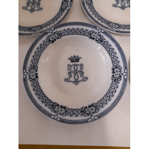 138 - Brown-Westhead, Moore & Co, 3 x plates 24.5cm and 2 x Dishes 24.5cm with Monogram detail, with chips... 