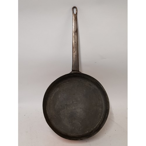 146 - Antique  Copper Pan with hand forged Iron Handle, 26cm diameter x 6.5cm deep