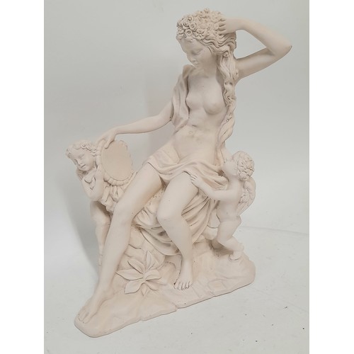 59 - White Composite Figure of a nude lady sat with 2 cherubs, 31cm high x 23cm wide x 13cm deep