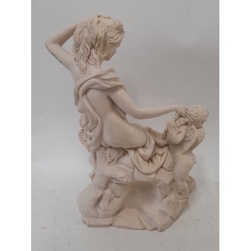 59 - White Composite Figure of a nude lady sat with 2 cherubs, 31cm high x 23cm wide x 13cm deep