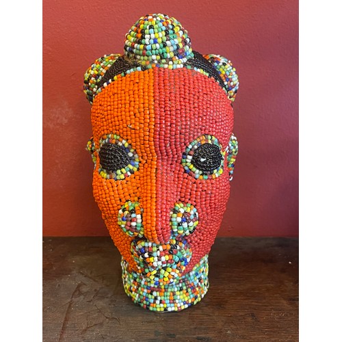 10A - Bamileke Beaded Tribal Head In Terracotta 21 cms High