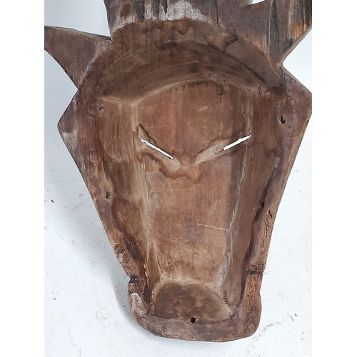 563 - Tribal Hand carved Face Mask in the form of a horned animal, 57cm x 21cm