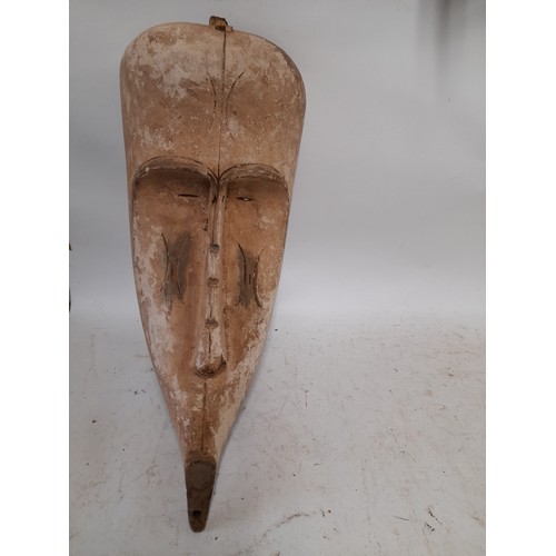 565 - Tribal Hand carved Face Mask painted White, 54cm x 21cm