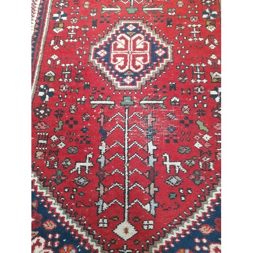 11A - Hand Knotted Red Ground Rug with wear, 140cm x 76cm