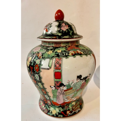 571 - Pair Of Hand painted Ceramic Chinese Lidded  Jars. 27cm x 18cm.  (2)