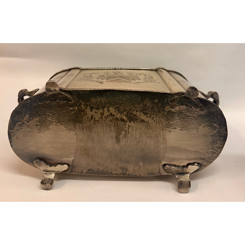 573 - Silver Plate Wine Chiller With Heraldic Engraving To Front. 38cm x 20cm x 11cm