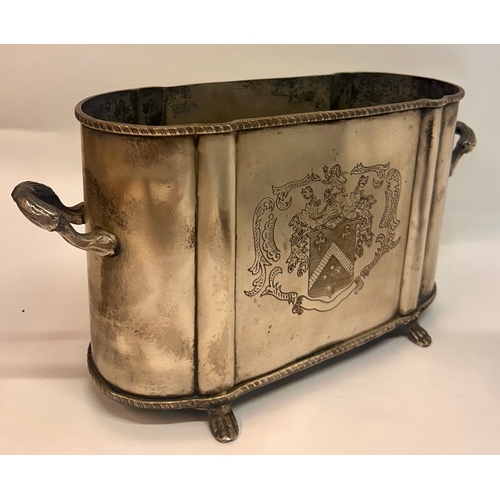 573 - Silver Plate Wine Chiller With Heraldic Engraving To Front. 38cm x 20cm x 11cm