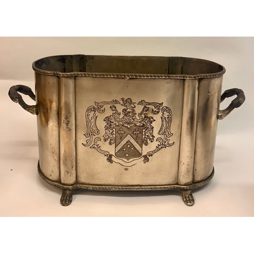 573 - Silver Plate Wine Chiller With Heraldic Engraving To Front. 38cm x 20cm x 11cm