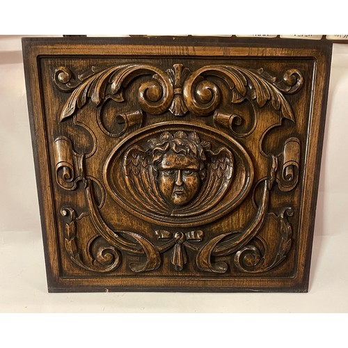 15 - Antique Carved Wood Panel With A Central Carved Face. 42 x 48.5 cms