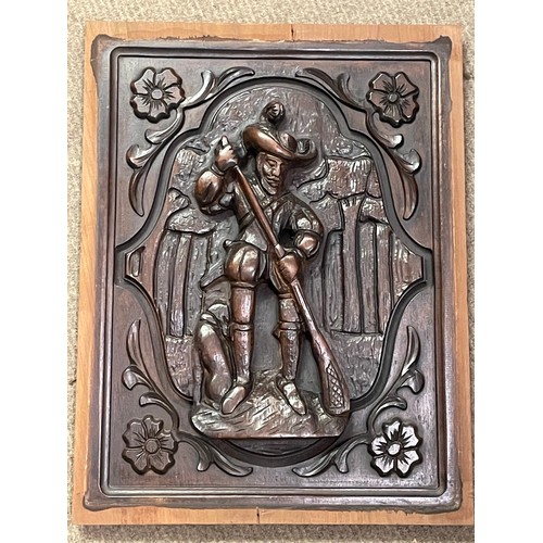 17 - Antique Carved Wood Panel With Carved Central Figure. 48 x 37 cms