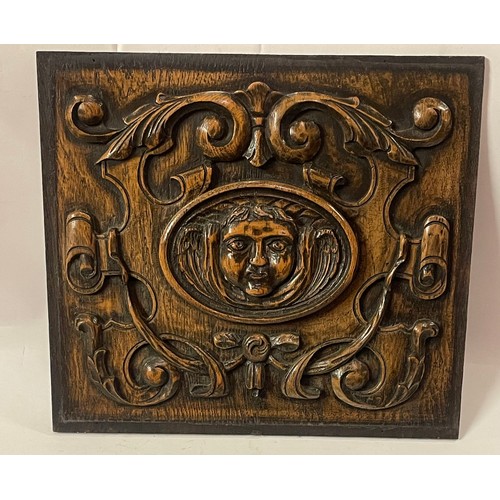 18 - Antique Carved Wood Panel With Carved Face Central Panel. 33 x 29 cms