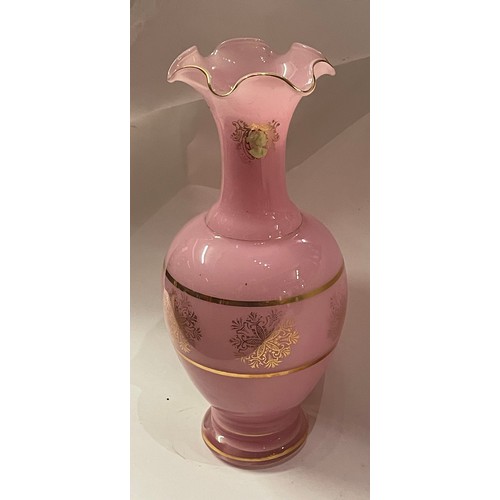 25 - French Opaline Style Glass Vase With Cameo Style Decoration. 30.5 cms High