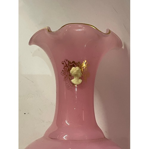 25 - French Opaline Style Glass Vase With Cameo Style Decoration. 30.5 cms High