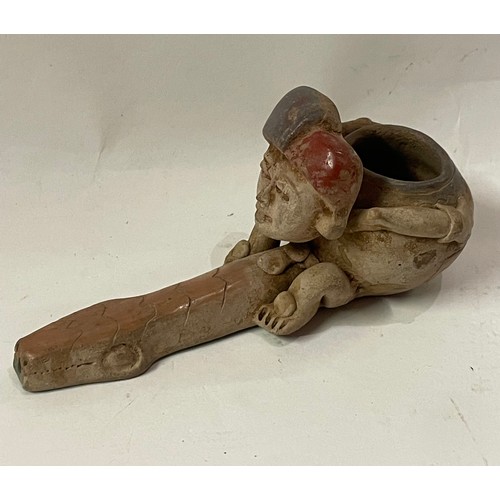 29 - Interesting Possibly South American Clay Pipe In The Form Of A Woman Riding A Snake. 11.5 cms