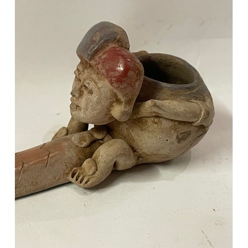 29 - Interesting Possibly South American Clay Pipe In The Form Of A Woman Riding A Snake. 11.5 cms