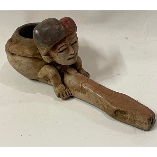 29 - Interesting Possibly South American Clay Pipe In The Form Of A Woman Riding A Snake. 11.5 cms