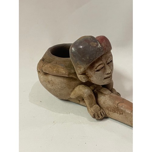 29 - Interesting Possibly South American Clay Pipe In The Form Of A Woman Riding A Snake. 11.5 cms