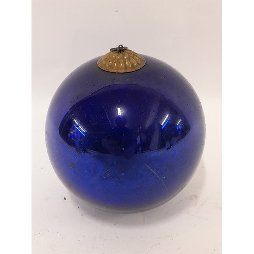 39 - Antique German Glass Kugel ornament in Cobalt Blue with Hanging Loop, 10cm diameter