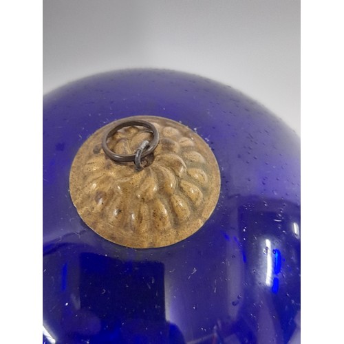 39 - Antique German Glass Kugel ornament in Cobalt Blue with Hanging Loop, 10cm diameter