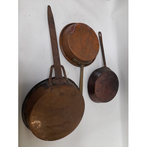 43 - 3 x Vintage Copper Pans, largest with iron forged handle 28cm diameter