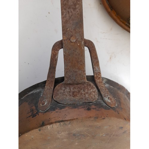 43 - 3 x Vintage Copper Pans, largest with iron forged handle 28cm diameter