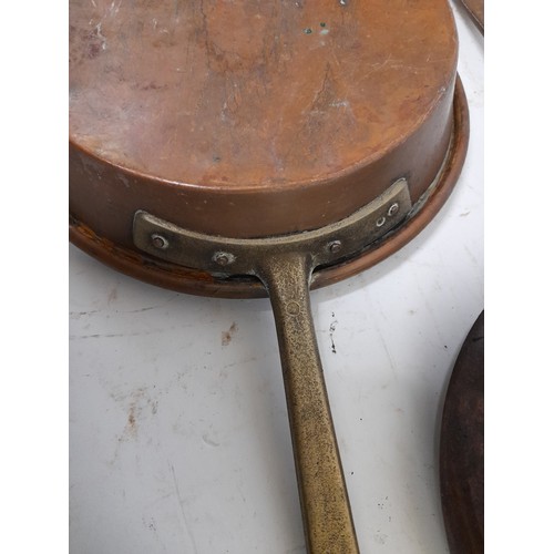 43 - 3 x Vintage Copper Pans, largest with iron forged handle 28cm diameter